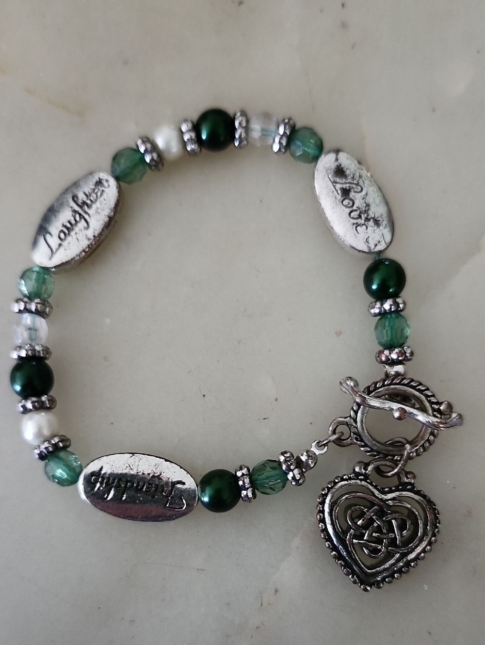 Celtic Knot Toggle Bracelet Green Beads & Love, Laughter, & Friendship Charms